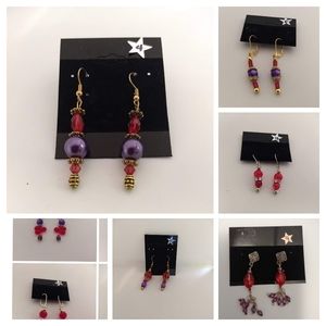 Dangle Pairs Red, Purple Beads Rhinestones Gold and Silvertone Earrings Lot of 7